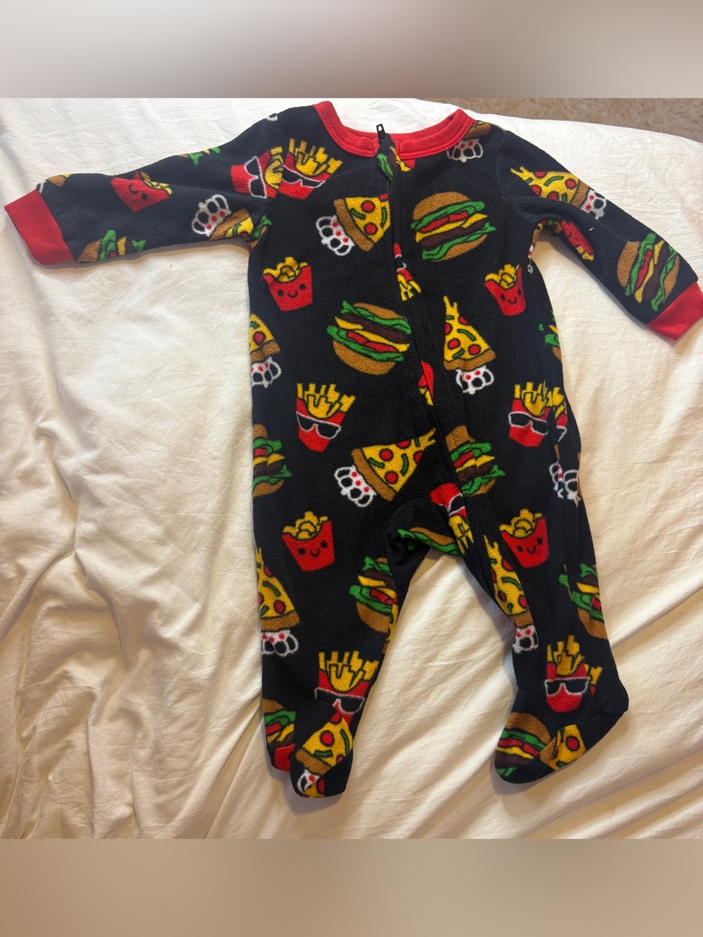 PJ & Pancakes Kids Black Fast-Food Print Fleece Footed Pajamas with Red Trim